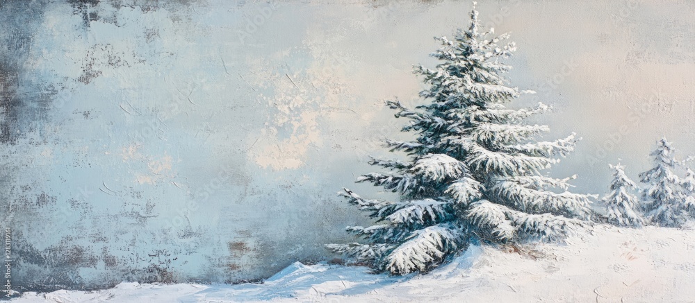 Poster snow-covered fir tree stands majestically on a soft white snow blanket with a serene light blue back