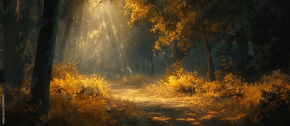 Aufkleber warm autumn forest scene showcasing golden foliage illuminated by soft rays of light with a winding 