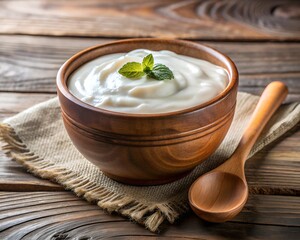 Rustic Ceramic Bowl of Greek Yogurt with Wooden Spoon