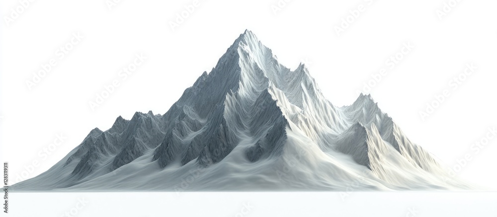Aufkleber snow-covered mountain peak in grayscale tones, isolated on a white background, showcasing rugged tex