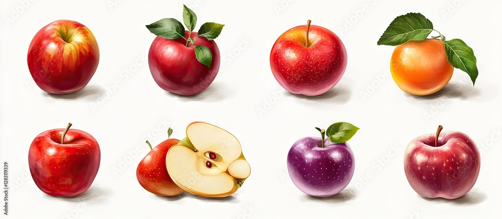 Poster assortment of red apple varieties including whole apples and slices arranged neatly on a white backg
