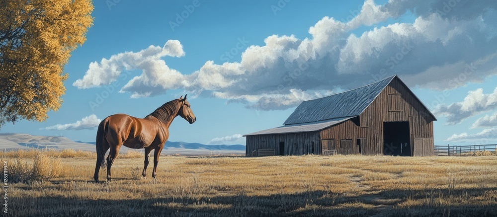 Aufkleber horse in golden open field beside a rustic barn under a blue sky with fluffy clouds showcasing its c