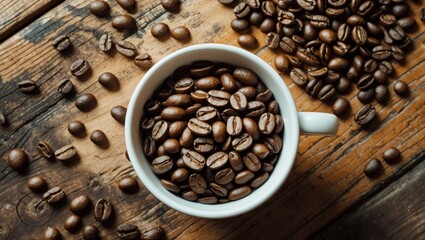 Fototapeta premium Coffee beans in white cup on wooden table surrounded by scattered roasted coffee beans in natural light setting