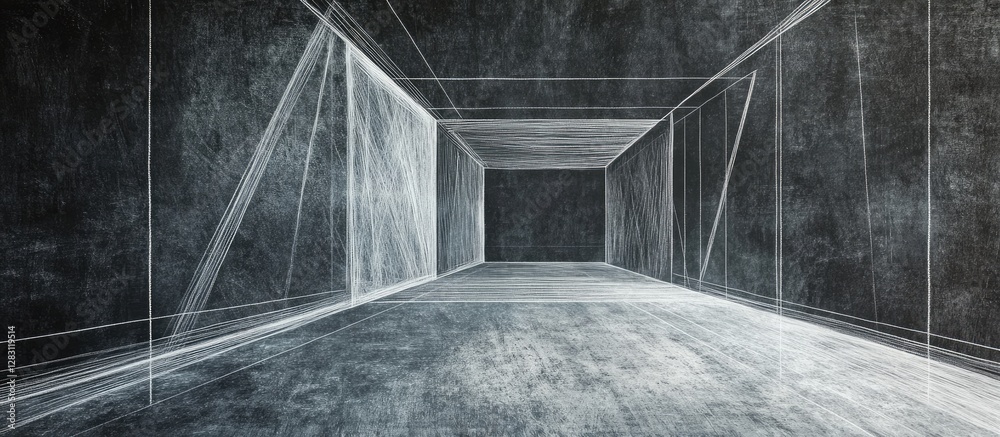Leinwandbilder Abstract chalkboard illustration featuring perspective lines creating a three-dimensional illusion with white lines on a dark textured background.