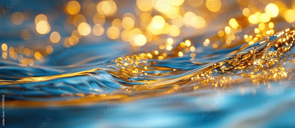 Poster liquid gold swirls in vibrant blue backdrop with sparkling bokeh effects creating depth and texture 