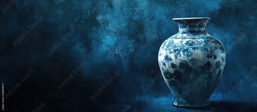 Poster Blue and white porcelain vase positioned on the right against a rich dark blue textured background with a soft gradient effect