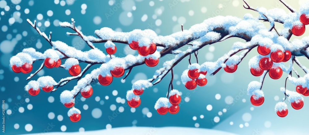 Poster Winter branch adorned with bright red berries and snow, set against a soft blue background with gentle bokeh effects and sparkling snowflakes.
