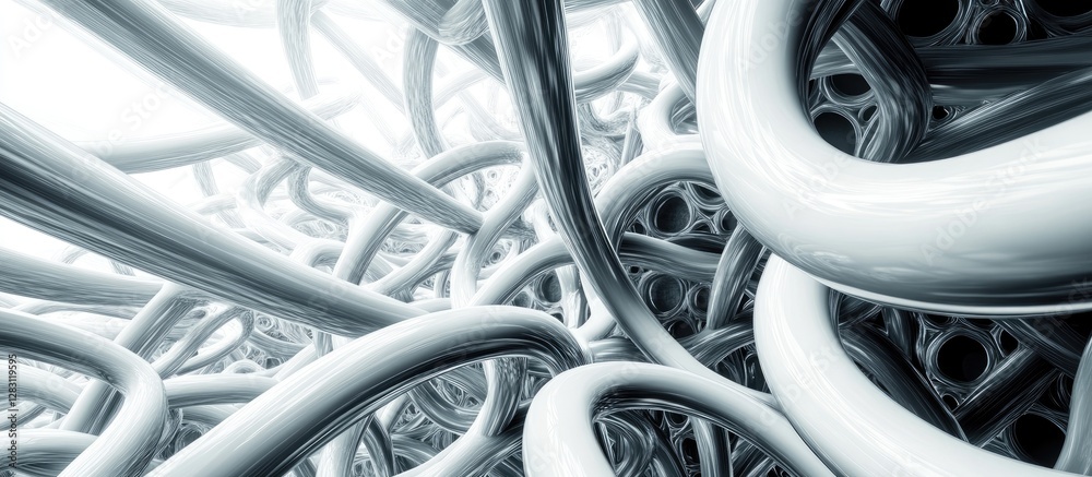 Poster Intricate white tube network with varied thicknesses interlinking throughout a bright background showcasing complexity and connection dynamics.