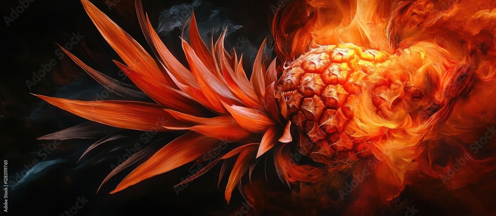 Poster vibrant orange pineapple with fiery red and dark black background creating a stunning exotic fruit c