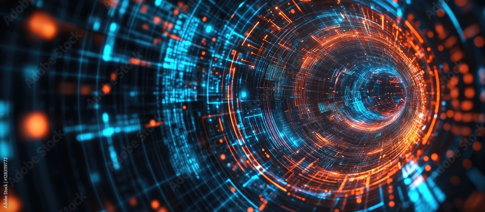 Poster futuristic 3d cyber landscape featuring vibrant orange and blue neon circular patterns with a dynami