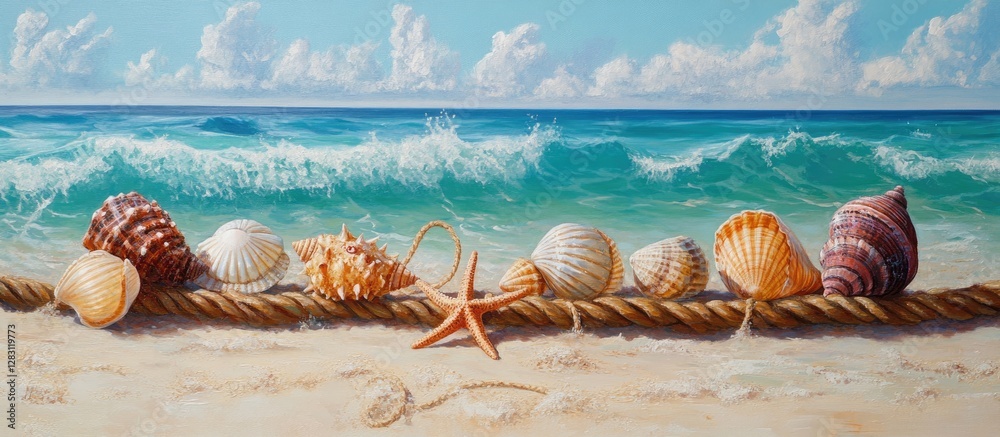 Poster tropical beach scene featuring seashells and a starfish on a rope against a serene turquoise ocean a