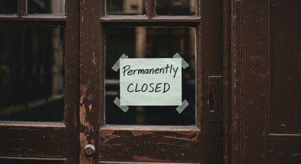 Shop door with a handwritten sign indicating permanent closure