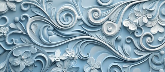 Elegant swirling decorative patterns in soft blue and white tones create a nostalgic backdrop with intricate floral designs and charming details.
