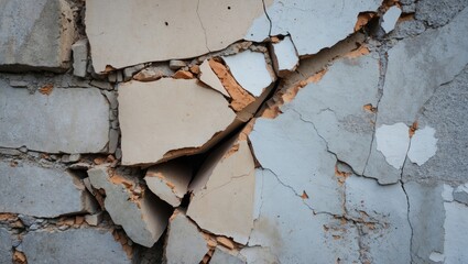Cracked and damaged wall surface with peeling paint and exposed layers of plaster and masonry textures