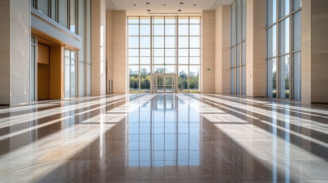 A legislative hall with reflective metal accents and minimalist art. Featuring clarity and sophistication