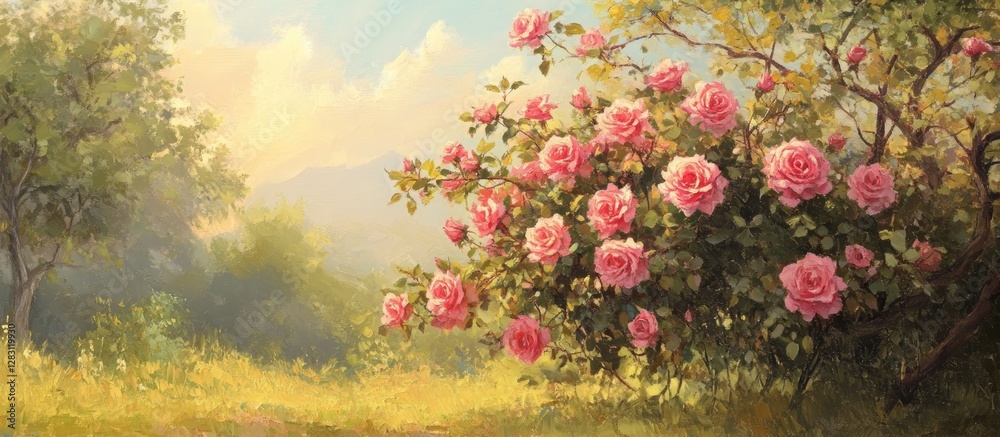 Aufkleber Vibrant pink rose bush in foreground illuminated by soft sunlight against a serene background of greenery and gentle clouds creating a tranquil atmosphere