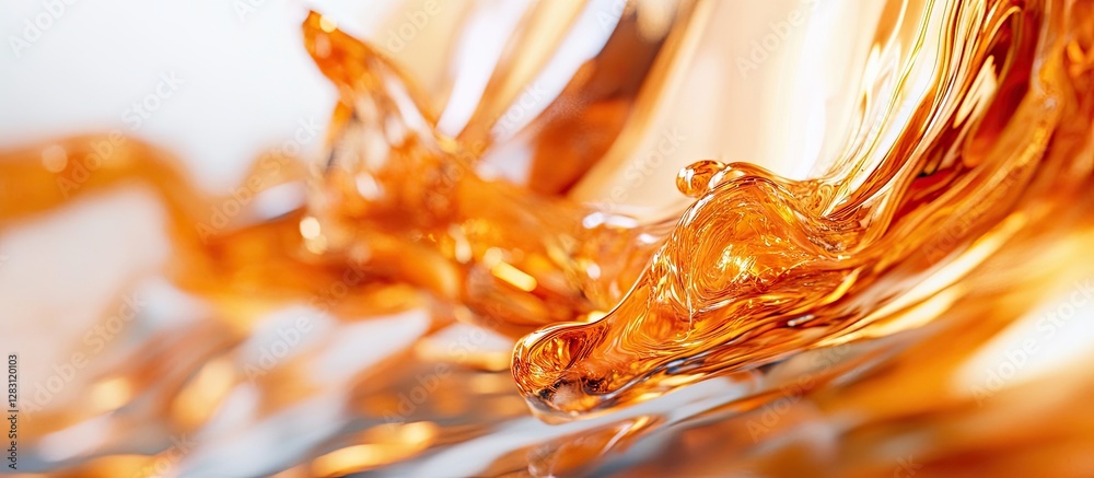 Poster Abstract close-up of flowing amber liquid with dynamic splashes on a smooth reflective surface, showcasing warm orange hues and fluid motion.