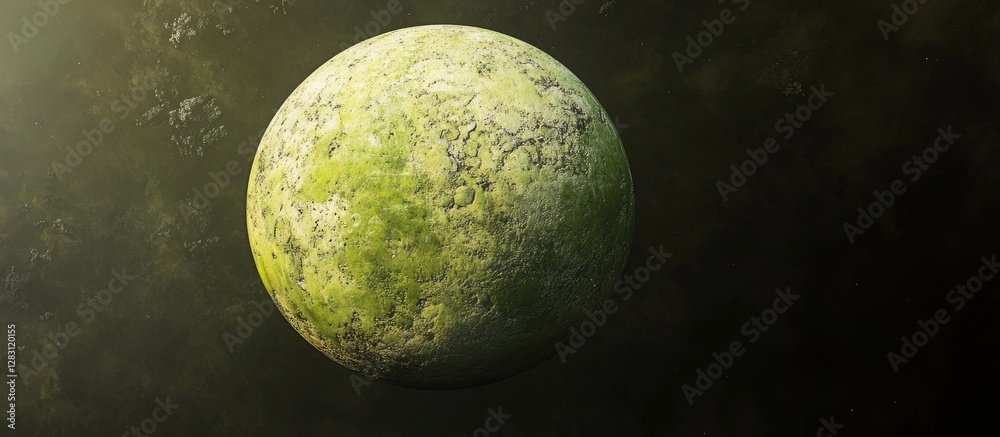 Poster Vibrant green planet with intricate textures floating in dark outer space illuminated by soft light showcasing a contemporary science fiction theme.