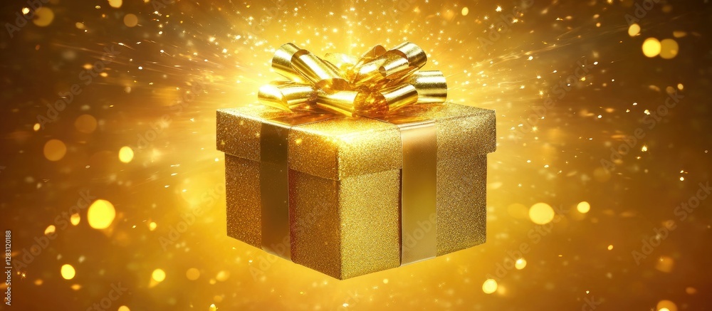 Aufkleber golden gift box with a shiny bow centered against a bright, shimmering gold background filled with s