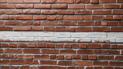Obraz premium Red brick wall with a horizontal section of white painted bricks, showcasing texture and architectural detail.