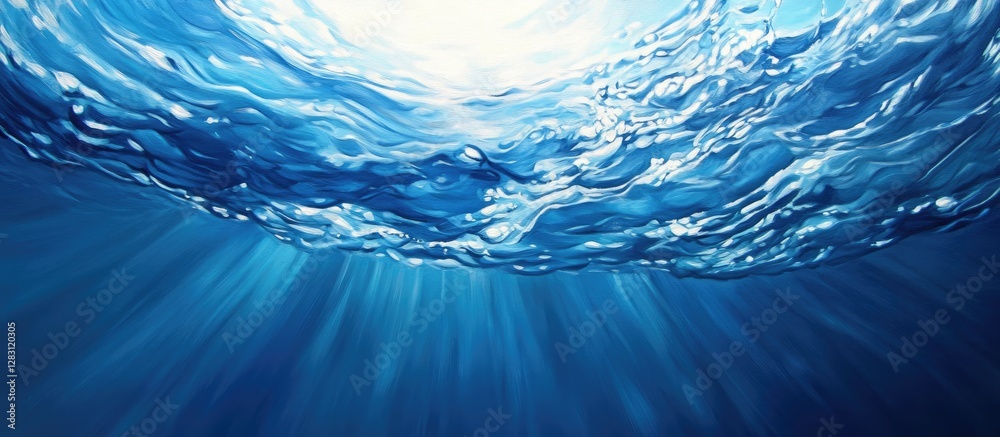 Aufkleber Tranquil underwater scene featuring serene azure tones with light rays penetrating from above creating a calming and peaceful ambiance.