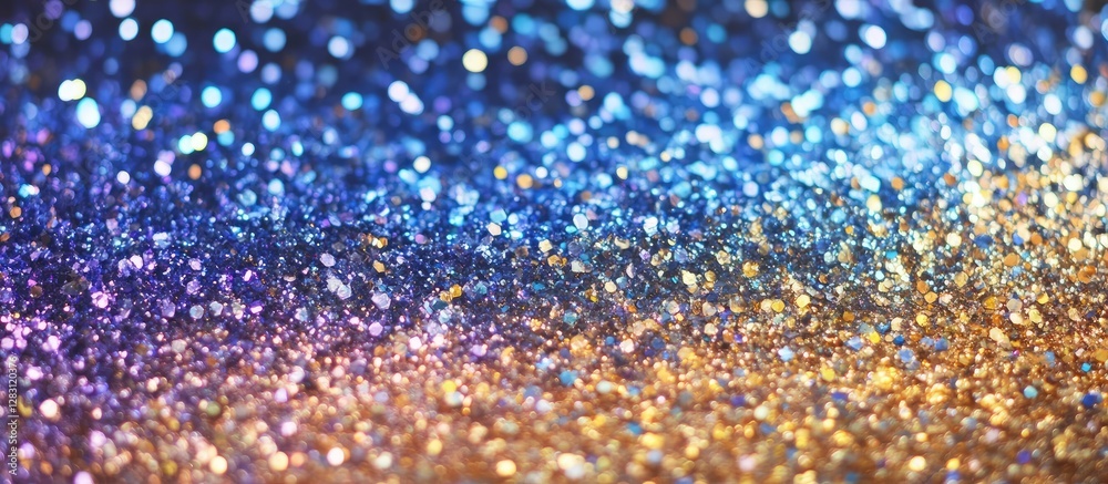 Aufkleber Sparkling bokeh effect with shimmering blue and gold glitter blending together in a dreamy gradient, ideal for festive and celebratory themes.