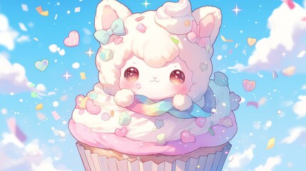 A cute animated cupcake with a fluffy kitten and colorful sprinkles under a blue sky.