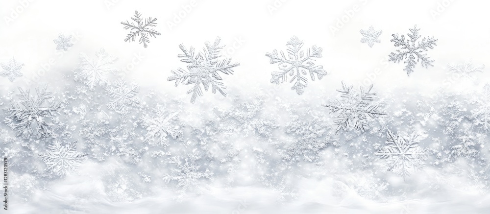 Poster Winter landscape with falling snowflakes in soft white tones, blurred background creating depth and serene atmosphere of a snowy day.