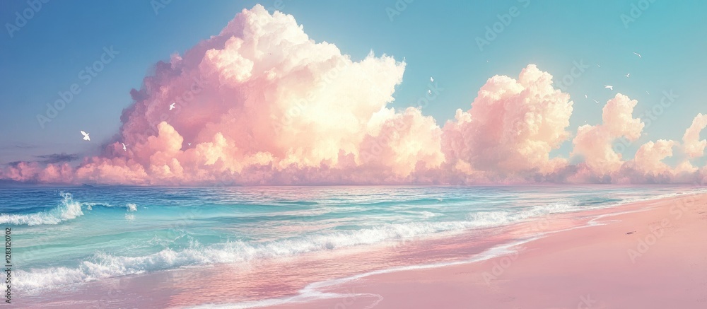 Poster serene beach with soft pink clouds above a tranquil ocean blended with pastel hues softly reflecting