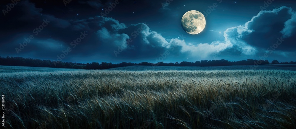 Poster wheat field bathed in soft moonlight under a starry night sky with contrasting dark blue clouds crea