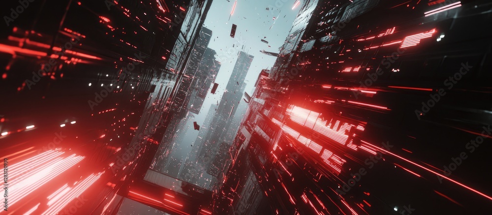 Poster Futuristic cityscape with red glowing lines and dark skyscrapers creating an interconnected urban network illuminated by vivid light effects.