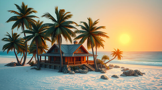 A tropical beach bungalow with a thatched roof and wooden balcony on white sandy shores, overlooking the turquoise ocean with palm trees and blue sky, creating a serene vacation retreat setting