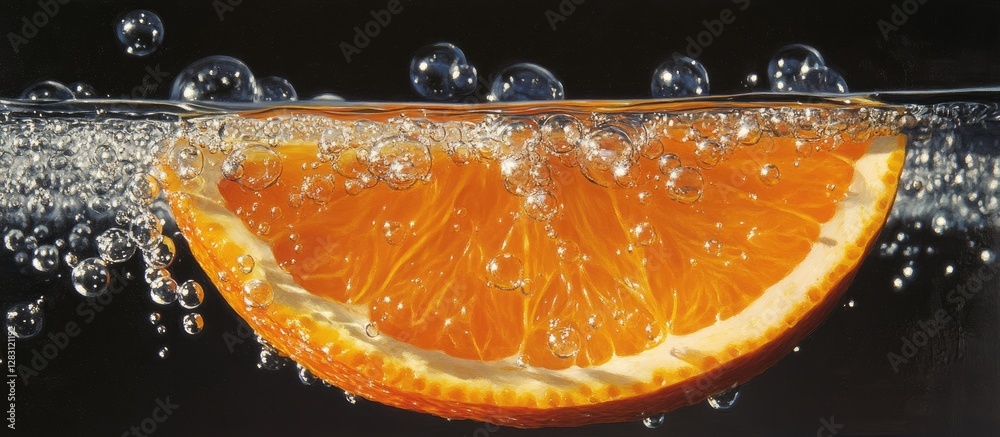 Poster Bright orange wedge immersed in sparkling effervescent water with multiple bubbles surrounding it against a dark background creating a refreshing scene.