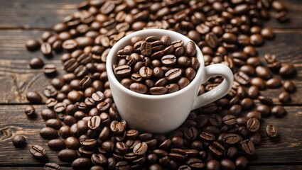 Fototapeta premium Cup filled with roasted coffee beans surrounded by scattered beans on a rustic wooden surface