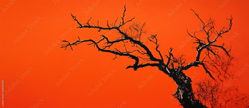 Aufkleber silhouette of a withered plant against a vibrant orange backdrop emphasizing the stark contrast betw