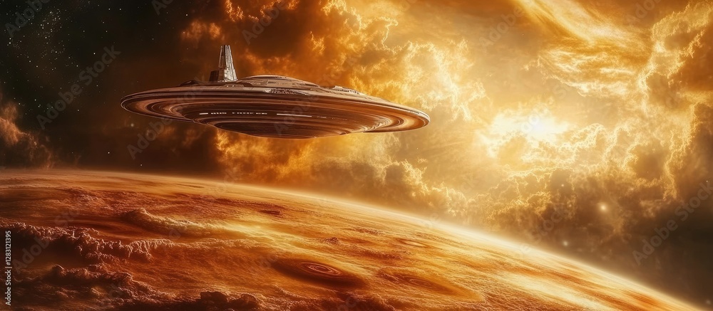 Poster a futuristic spaceship hovering above a vibrant orange planet with dramatic clouds in the background