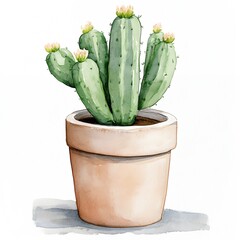 Vibrant Green Cactus with Yellow Blooms in a Simple Terra-Cotta Pot