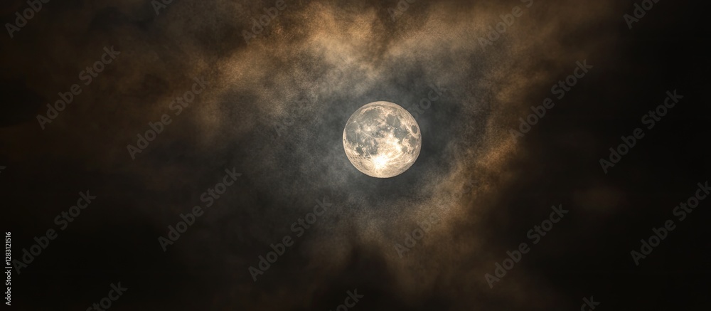 Poster moon partially obscured by thick, dark clouds; soft glow illuminates the sky, creating a serene, mys