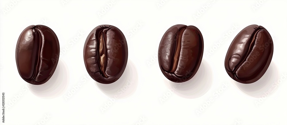 Poster dark brown roasted coffee beans arranged in a row on a light cream background showcasing their gloss