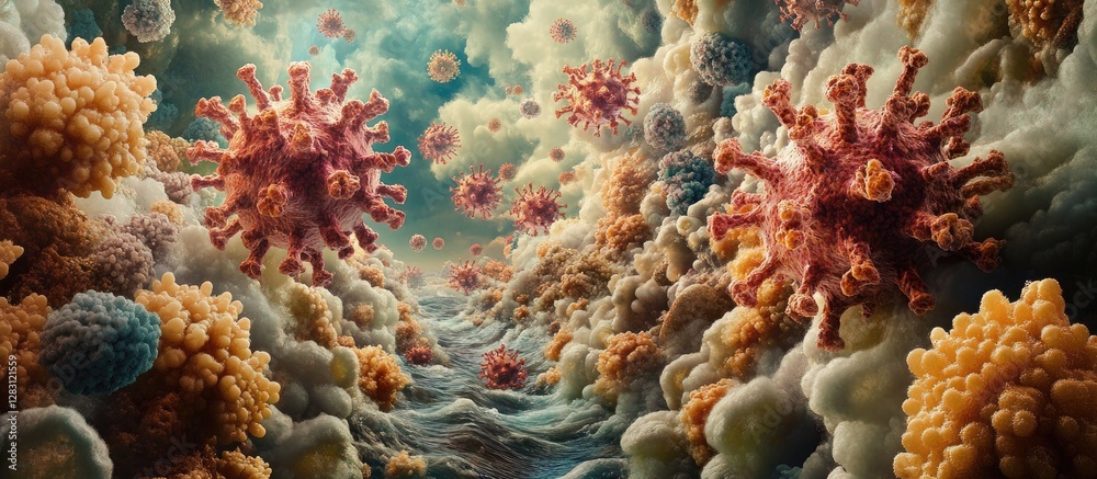 Poster colorful 3d illustration depicting a microscopic view of viral structures in shades of red and orang