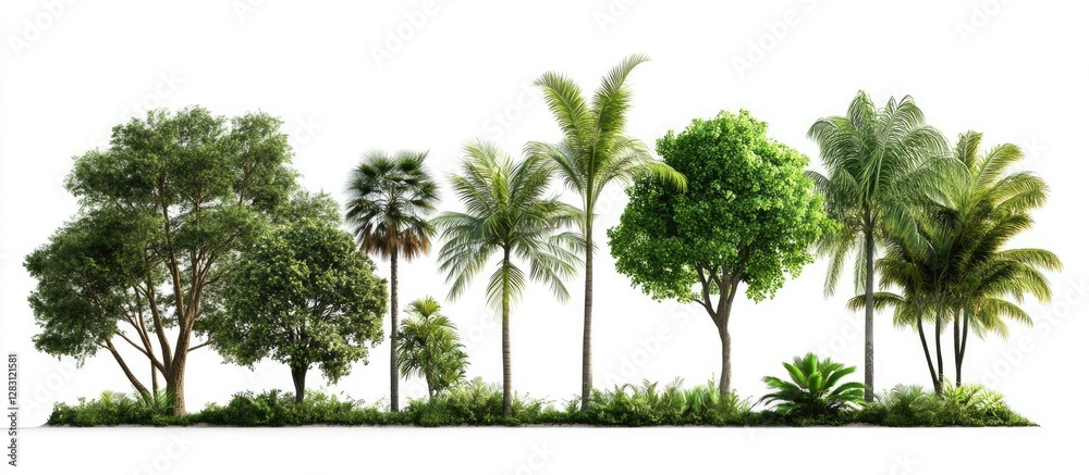 Poster tropical trees isolated on white background featuring various shades of green positioned in a line s