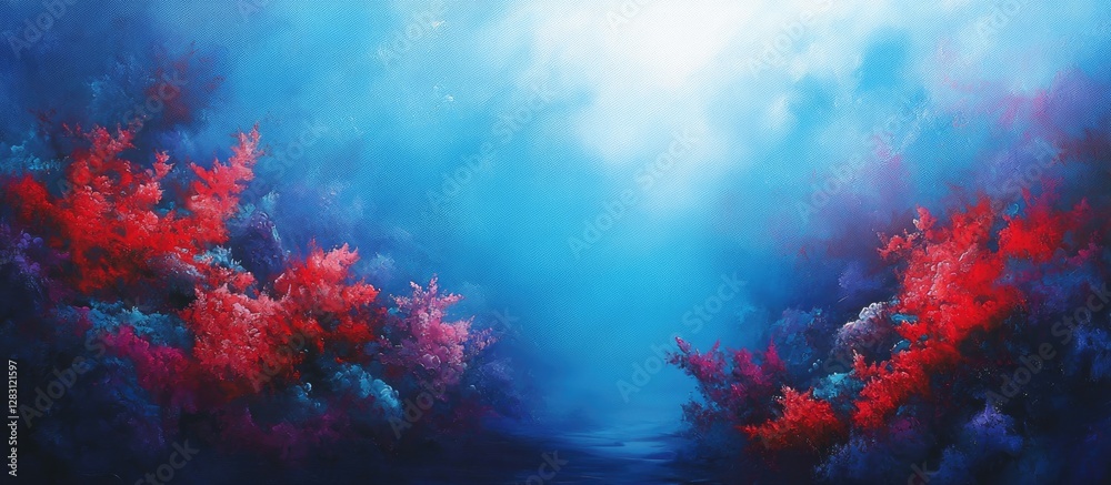 Poster Vibrant underwater scene with red and blue coral formations creating a colorful atmosphere in a serene blue background illuminated by soft light