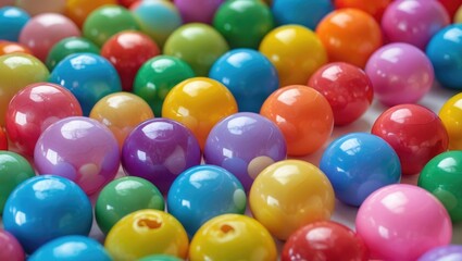 Colorful plastic balls scattered on a white surface in various shades of blue, red, green, yellow, purple, and pink