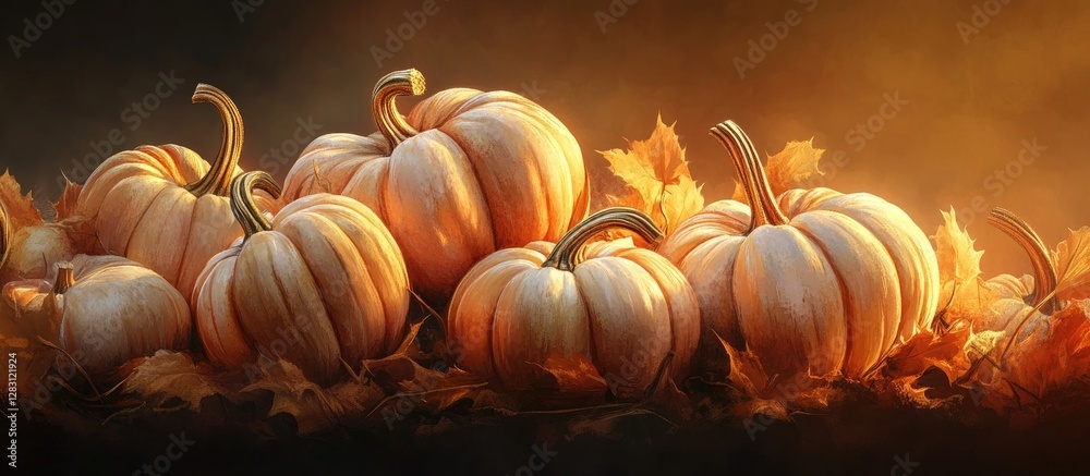 Poster autumn pumpkin decoration arranged with warm orange and soft brown leaves glowing in evening sunligh