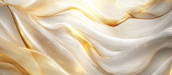 Obraz premium Elegant flowing wave patterns in gold and white hues create a visually captivating background with soft gradients and shimmering accents.