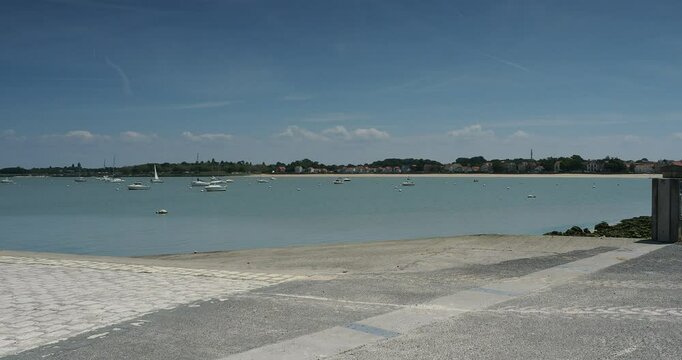 Fouras-les Bains in Charente Maritime, New Aquitaine in West France. The North beach seen from the jetty and the access to the Sailing Club
