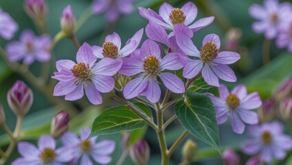 Obraz premium Delicate blooming flowers of a Berberidaceae plant showcasing vibrant purple petals and lush green foliage in a natural setting.