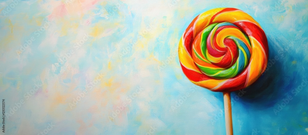 Poster colorful spiral lollipop with red yellow green and orange swirls rests against a soft light blue bac