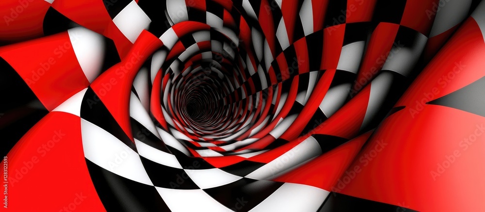 Poster Red and black spiral tunnel with checkered pattern leading into darkness, dynamic motion, smooth curves, and contrasting colors creating depth.