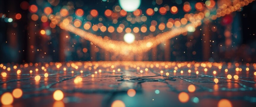 Bokeh lights and reflections on cobblestone street with warm illuminated decorations in urban night scene